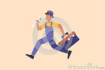 Business flat cartoon style drawing mechanic repairman worker with tools is running. Technical service. Plumber with monkey wrench Cartoon Illustration