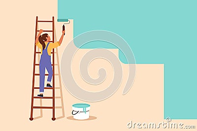 Business flat cartoon style drawing painter standing on ladder paints wall. Handywoman holding paint roller. Repairwoman provide Cartoon Illustration