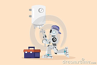 Business flat cartoon style drawing robot plumber installing water heater or boiler. Home repair, maintenance plumbing services. Cartoon Illustration