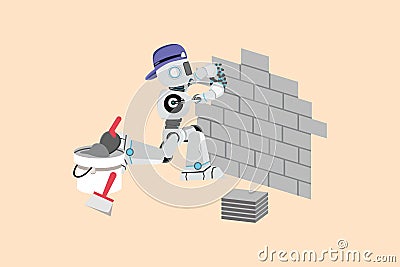 Business flat cartoon style drawing robot repair worker laying ceramic wall tile. Professional tiler working tiling at home. Robot Cartoon Illustration