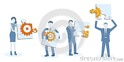 Business flat design teamwork vector with colleagues holding a big jigsaw puzzle with cogwheels. Vector Illustration