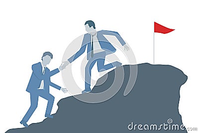 Business flat design vector of a business leader helping a colleague to climb on top of a mountain. Vector Illustration