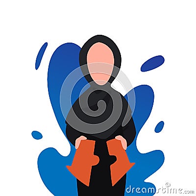 Business flat drawing Arabian businesswoman put arrows together. Cooperation, support, merger, acquisition concept. Young female Vector Illustration