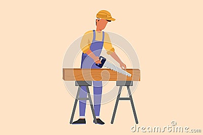 Business flat drawing builder or carpenter repairman sawing boards. Building, construction and repair work services. Real estate, Cartoon Illustration