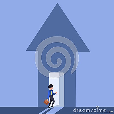 Business flat drawing businessman enter the up arrow shape house. Male manager entering in arrow pointing up. Start up. Business Vector Illustration