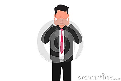 Business flat drawing businessman keep secret be quiet concept. Keeping mouth shut. Shocked man covering mouth with both hand. Cartoon Illustration