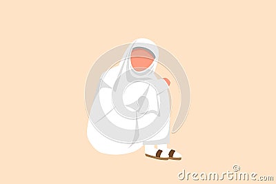 Business flat drawing depressed Arabian businesswoman sitting in despair on floor, suffer emotion sadness melancholy stress at Cartoon Illustration