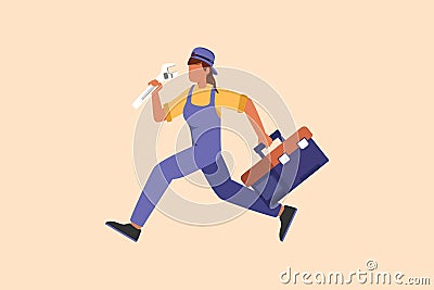 Business flat drawing mechanic repairwoman worker with tools is running. Technical service. Plumber with monkey wrench and toolbox Cartoon Illustration