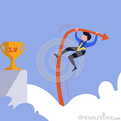 Business flat drawing motivated businessman jumping using pole vault to reach trophy. Business competition, career challenge and Vector Illustration