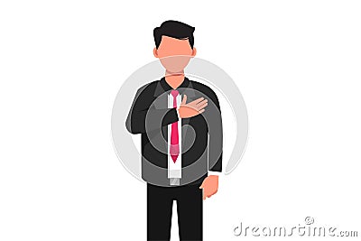 Business flat drawing of pleasant looking kind businessman keep hand on chest, expresses gratitude, being thankful for help, Vector Illustration