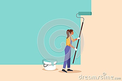 Business flat drawing professional handywoman painting wall with roller. Home repair, decoration, renovation, freshen up. Cute Cartoon Illustration