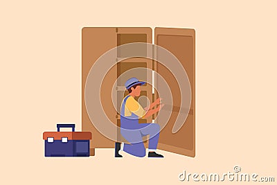 Business flat drawing repair, maker or constructions of wood home furniture. Man carpenter assembling of wardrobe or cabinet with Cartoon Illustration