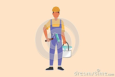 Business flat drawing repairman standing and holding roller with paint and bucket of paint, home repairs, painting walls in house Cartoon Illustration