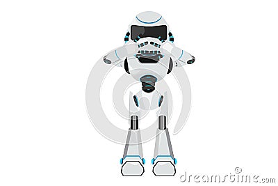 Business flat drawing robot covering mouth with hands. Expression of fear, scared in silence, secret. Humanoid robot cybernetic Cartoon Illustration