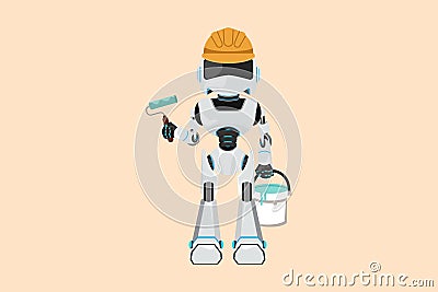 Business flat drawing robot repairman standing and holding roller and bucket of paint, home repairs, painting walls in house. Cartoon Illustration