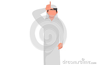 Business flat drawing unhappy Arab businessman showing loser sign on forehead with fingers. Stressed trendy person gesturing hand Cartoon Illustration