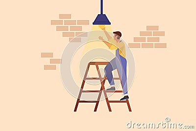 Business flat drawing worker electrician standing on ladder change light bulb. Professional repairman in overalls and helmet Cartoon Illustration