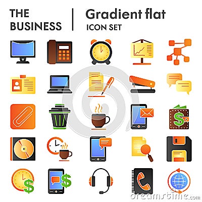 Business flat icon set, marketing symbols collection, vector sketches, logo illustrations, office signs color gradient Vector Illustration