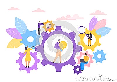 Business flat people teamwork at gear concept, vector illustration. Mechanism application and cartoon communication Vector Illustration