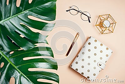 Business flatlay mockup with philodendron monstera leaves, planner, candle and glasses Stock Photo