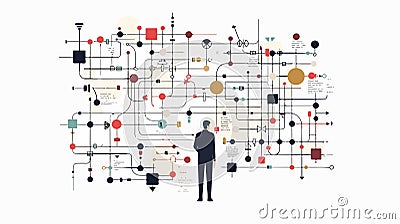 Business Flowchart and Man Working with Algorithm in Office Environment Vector Illustration