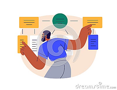 Business flowchart. Man works with algorithm scheme, information structure, system. Data analysis, research concept Vector Illustration