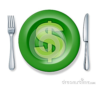 Business food fork plate knife isolated money prof Stock Photo