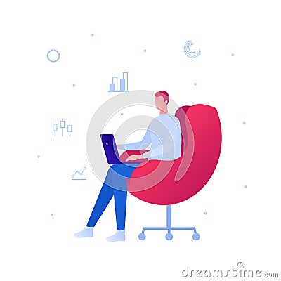 Business freelance work concept. Vector flat person illustration. Male sitting with laptop on chair and diagram chart icon sign. Vector Illustration