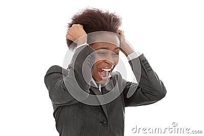 Business: frustrated black woman pulling out hair screaming isolated on white background Stock Photo