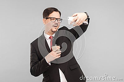 Business, gadgets,technologies. Man making selfie Stock Photo