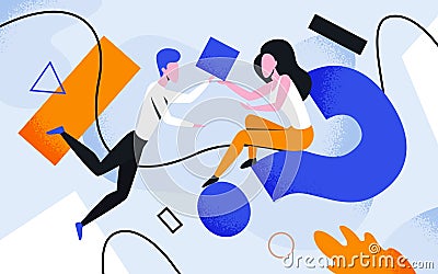 Business geometry, teamwork concept, woman sitting on big question mark, solving problem Vector Illustration