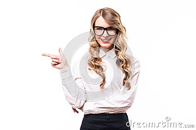 Young business girl with eyeglasses with okey sign on white backgroung Stock Photo