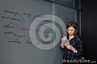 Hipster freelancer woman holding a tablet and standing near a business idea sketch on blackboard Stock Photo