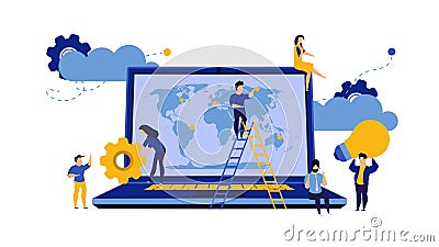 Business global earth vector map concept with laptop. PC consulting idea world. Man and woman group illustration team cartoon. Vector Illustration