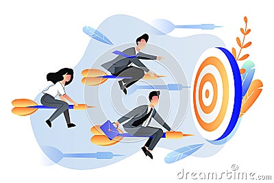 Business goal achievement concept. Vector flat cartoon illustration. Business people fly on darts arrows towards goal Vector Illustration