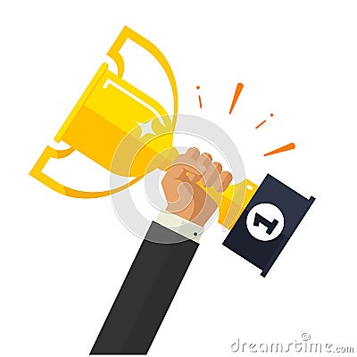 Business goal achievement vector, happy successful businessman holding golden cup award in hand Vector Illustration