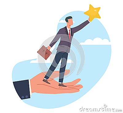 Business goal helper for businessman. Huge hand supports. Mentor assistant or coach. Golden star as symbol of achieving Vector Illustration