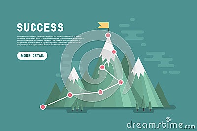 Business goal success concept infographic. Flag on the top of mountain. Vector Illustration