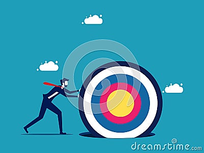 business goals. Businessman working hard to push target stuck in hole Vector Illustration