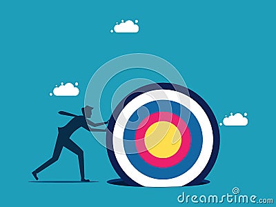 business goals. Businessman working hard to push target stuck in hole Vector Illustration