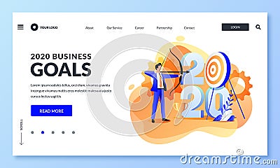 Business goals, strategy,future achievement for 2020 new year. Vector illustration of businessman shoots target with bow Vector Illustration