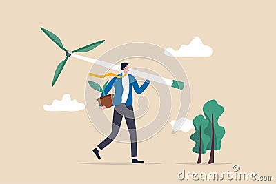 Business going green, environment eco friendly in climate change crisis or sustainability concept, smart businessman carrying wind Vector Illustration
