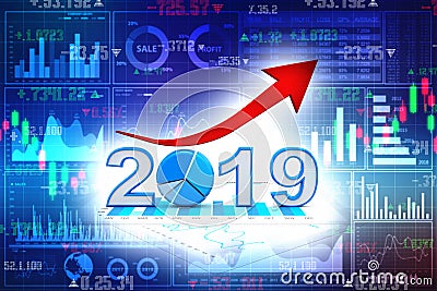 Business graph with arrow up and 2019 symbol, represents growth in the new year 2019. 3d render Cartoon Illustration