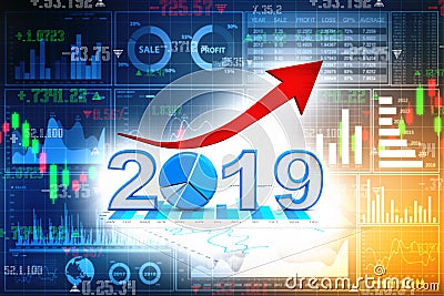 Business graph with arrow up and 2019 symbol, represents growth in the new year 2019. 3d render Cartoon Illustration