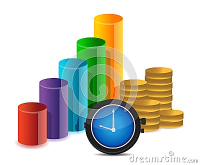 Business graph coins and watch Cartoon Illustration