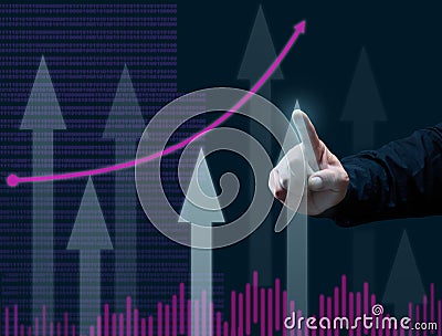 Business graph of the dynamics of indicators and a man`s hand points a finger to the highest column, dark blue background. Stock Photo