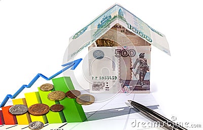 Business graph illustrating the rise of income from house of banknotes Stock Photo