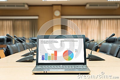 Business graph laptop computer placed on wooden meeting table in Stock Photo