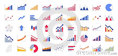 Business graphs and charts icons. Business infographics icons. Statistic and data, charts diagrams, money, down or up arrow, Vector Illustration