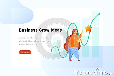 Business Grow Ideas concept Woman catches star on chart background Flat vector illustration. Landing Page design template Vector Illustration